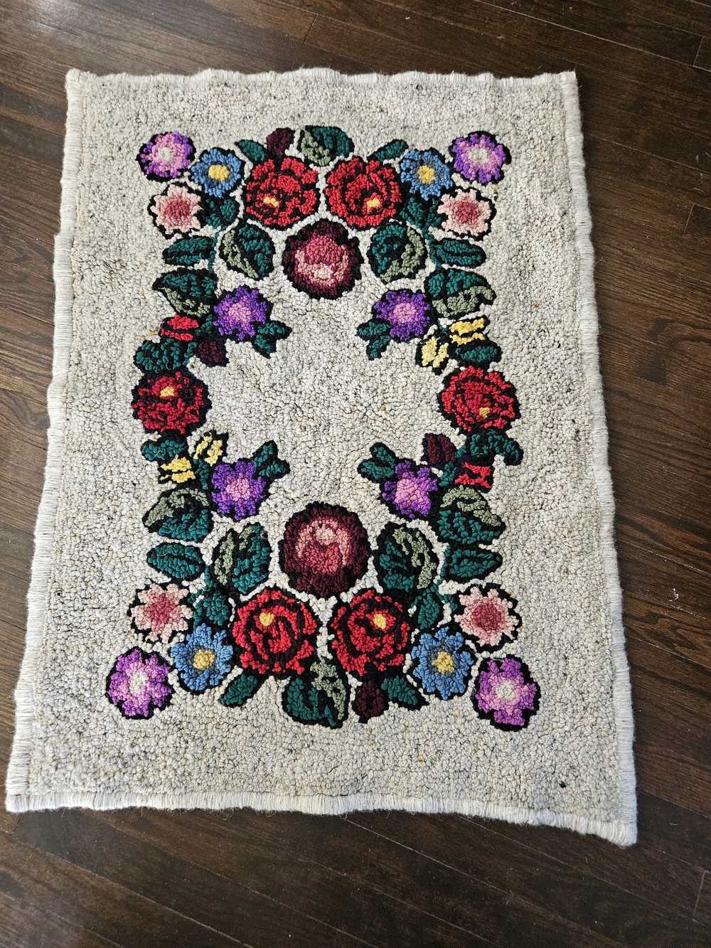 Hand Hooked Floral Wool Rug with Red & Purple Blooms